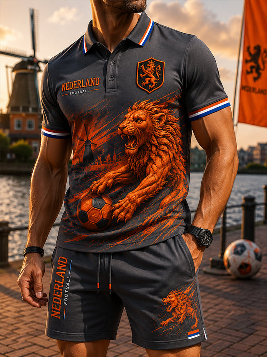 Herenpoloshirt met leeuwenprint en korte mouwen, set
