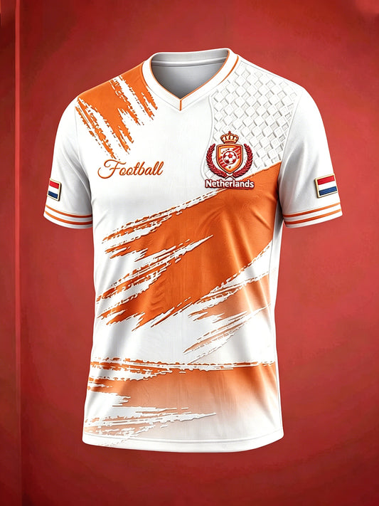 Casual t-shirt met v-hals voor heren, voetbalgraffitiprint in Nederlandse stijl