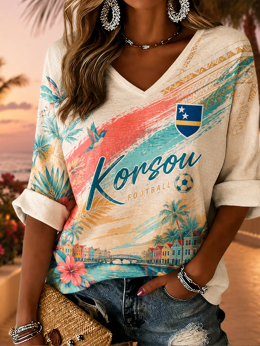 Vakantiestijl dames-T-shirt met eilandvoetbalprint en V-hals