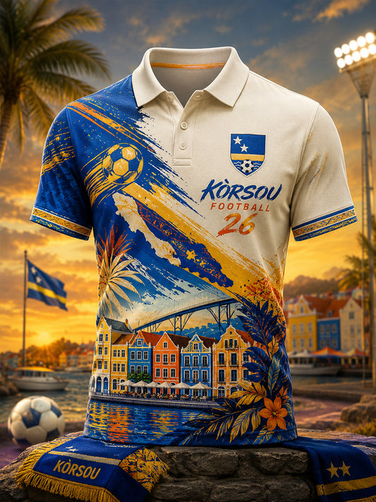 Herenpoloshirt met korte mouwen en print in vakantiestijl voor voetbal op het eiland