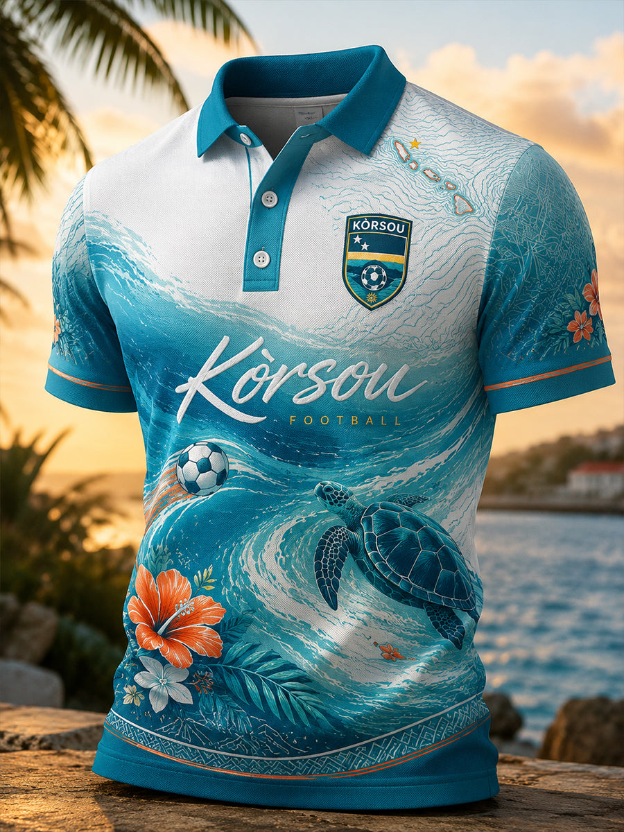Herenpoloshirt met korte mouwen en print in vakantiestijl voor voetbal op het eiland