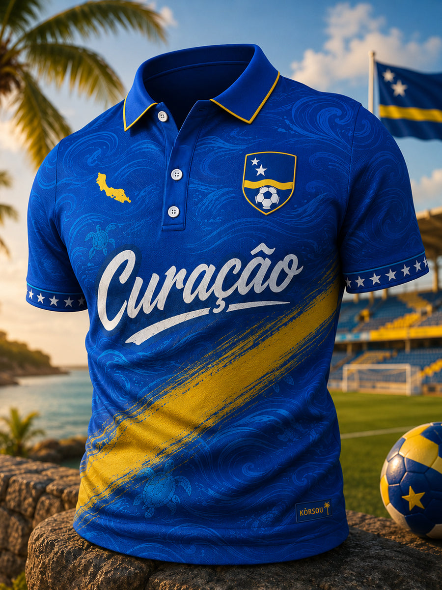 Herenpoloshirt met korte mouwen en print in vakantiestijl voor voetbal op het eiland