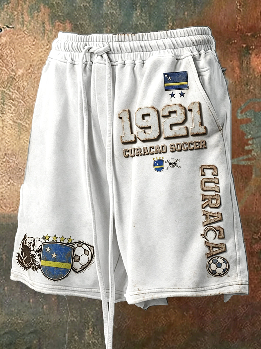 Heren witte vintage curaçao vlag voetbal print casual broek met trekkoord