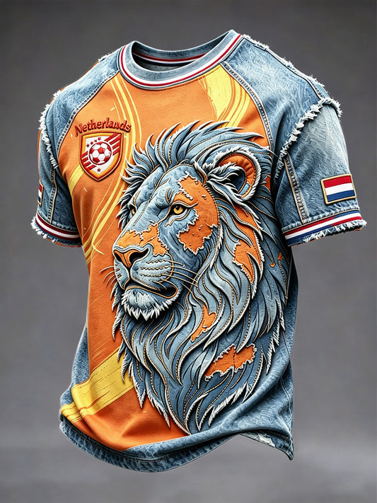 Nederlandse Voetbal Leeuwen Patchwork Print Casual T-shirt