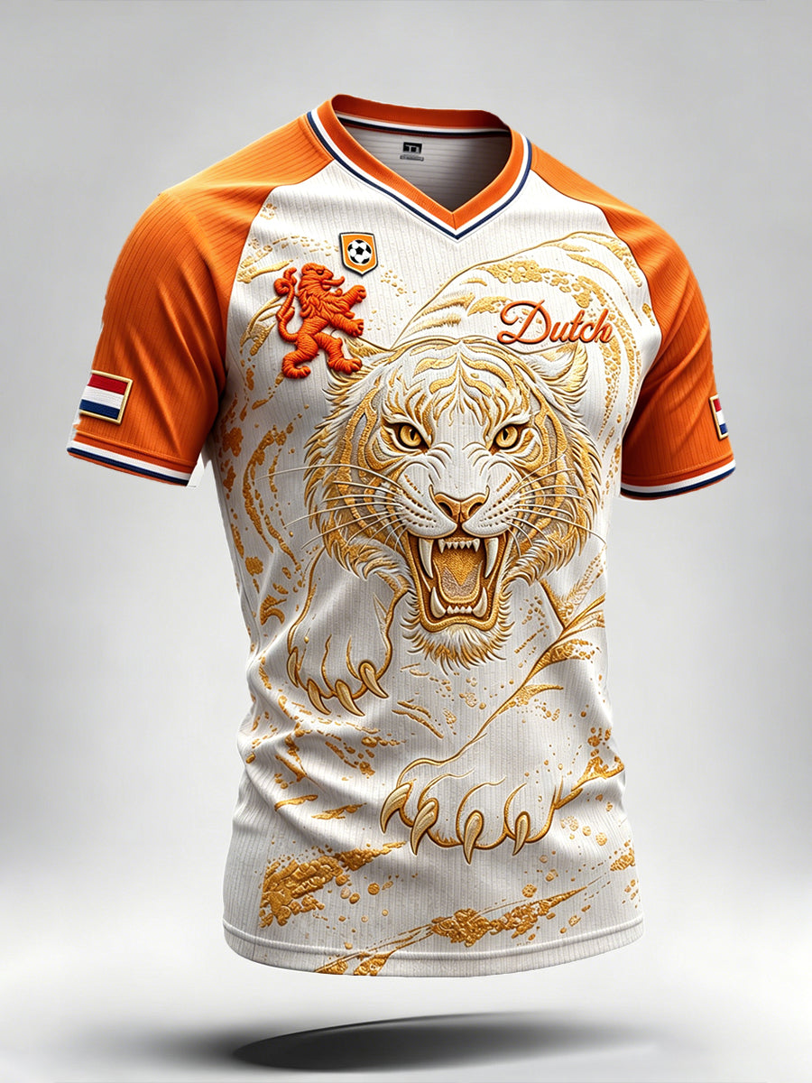 Nederlands voetbal tijger print casual drop-shoulder V-hals T-shirt