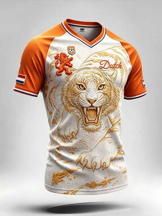 Nederlands voetbal tijger print casual drop-shoulder V-hals T-shirt