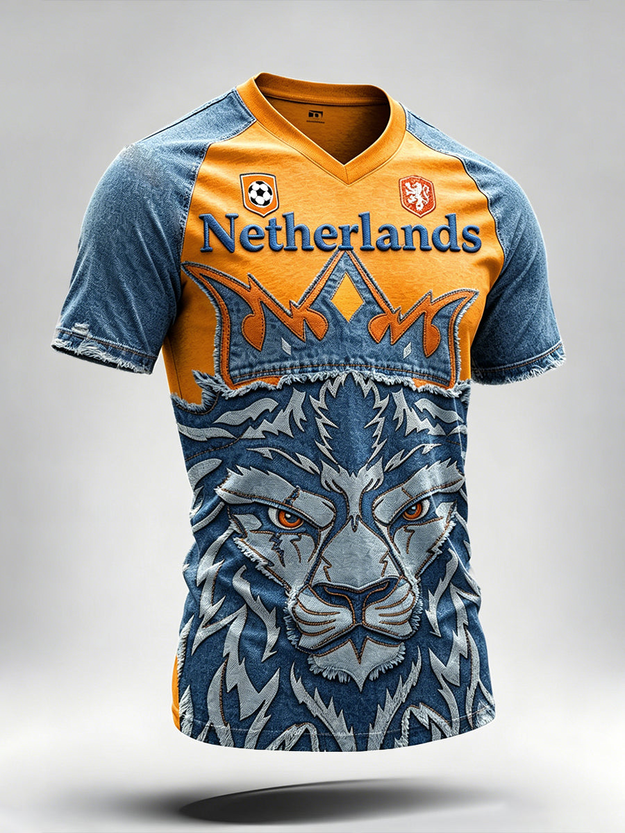 Nederlands voetbal heren leeuwen denim stijl patchwork print casual V-hals T-shirt