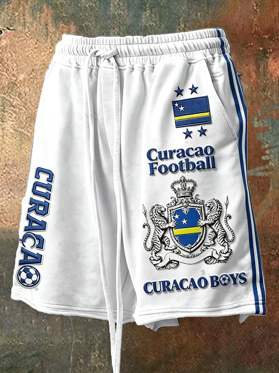 Witte Curacaovlag voor heren met voetbalprint casual broek met trekkoord