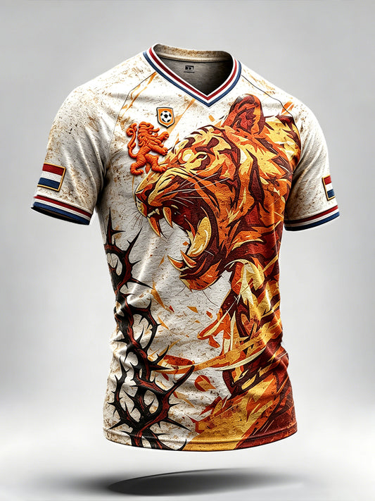 Heren Retro Nederlands Voetbal Tijger Print Casual Drop-Shoulder V-hals T-shirt