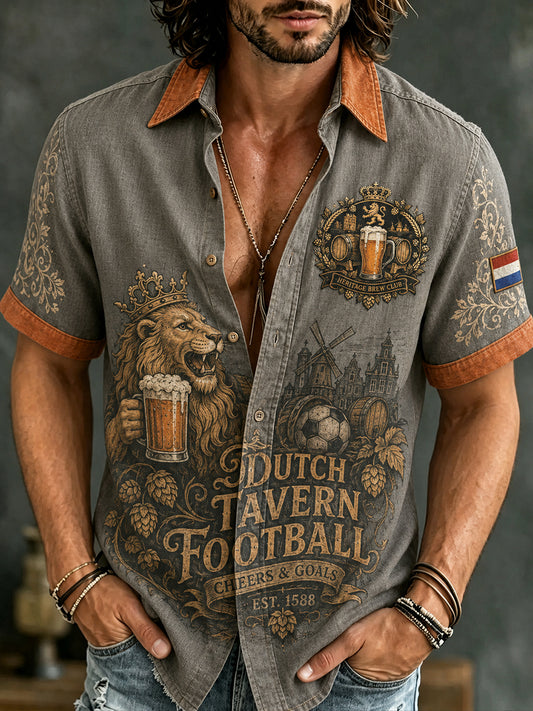 Casual herenoverhemd met korte mouwen en retroprint van een leeuw en bier