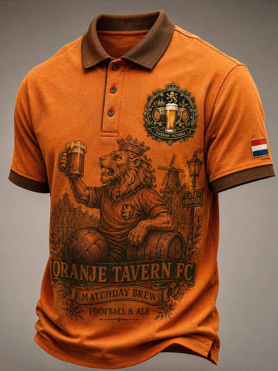 Herenpolo met retro leeuwen- en bierprint, casual, korte mouwen