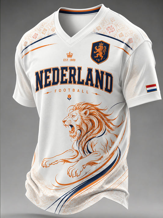 Lion Football Print Casual T-shirt met korte mouwen en V-hals