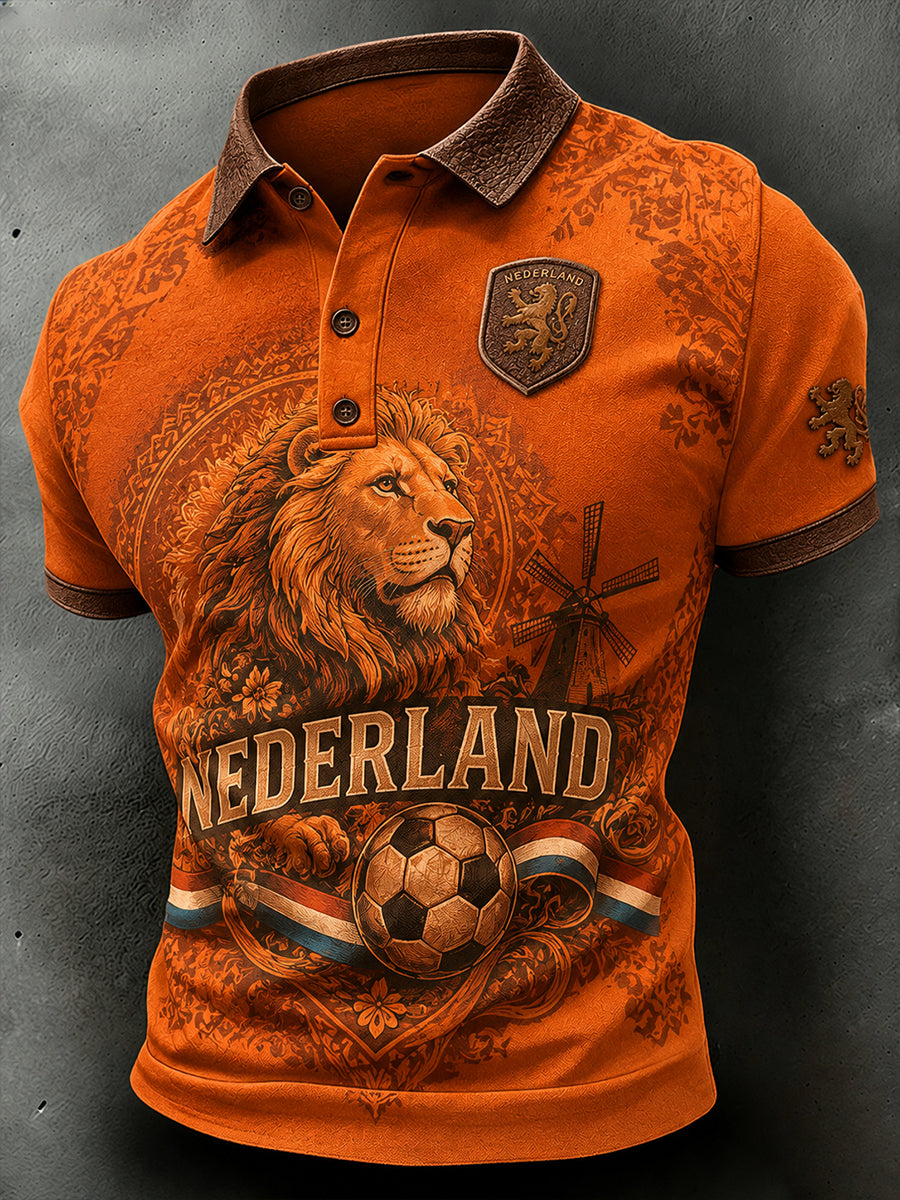 Lion Football Print Casual Poloshirt met korte mouwen voor heren