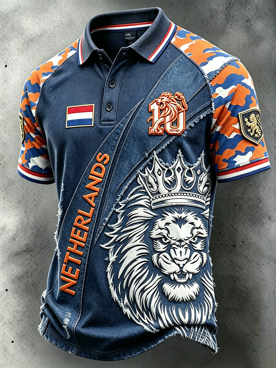 Herenblauw Nederlandse Leeuw Voetbal Camouflage Patchwork Print Casual Poloshirt