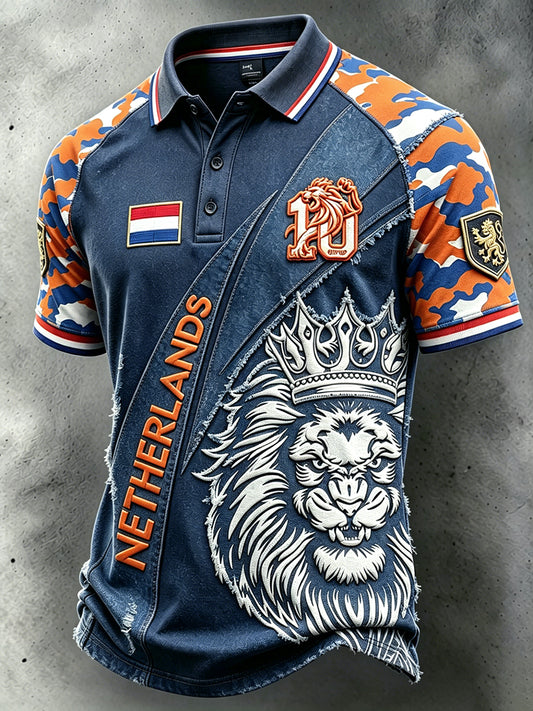 Herenblauw Nederlandse Leeuw Voetbal Camouflage Patchwork Print Casual Poloshirt
