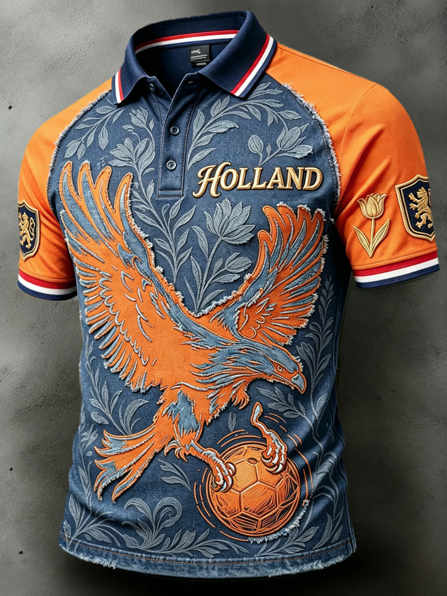 Nederlandse Eagles Voetbal Patchwork Print Casual Poloshirt