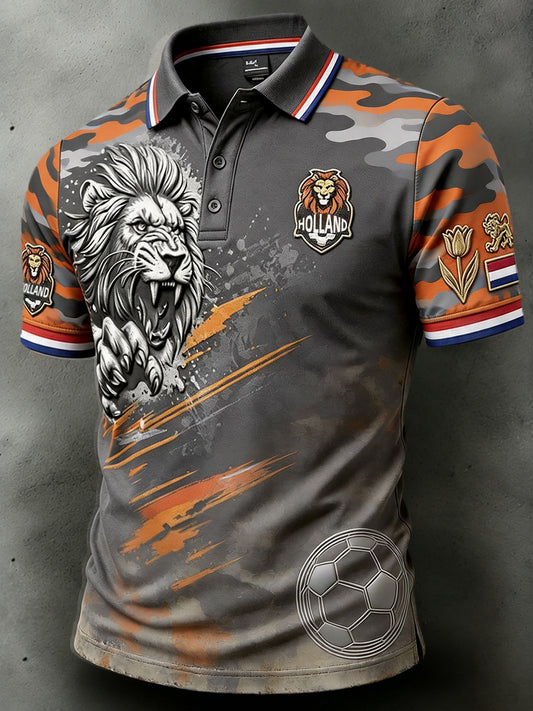 Donkergrijs vintage Nederlandse leeuw voetbal camouflage patchwork print casual poloshirt