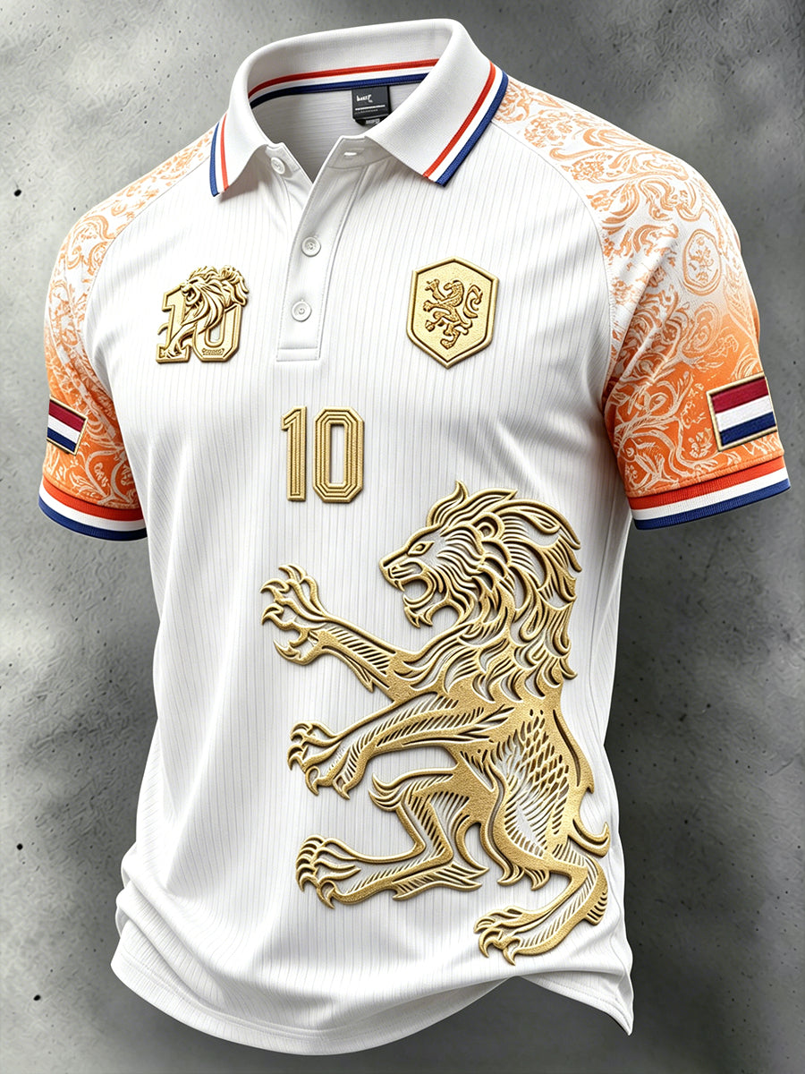 Nederlandse Leeuw Voetbal Legdiënt Patchwork Print Casual Poloshirt