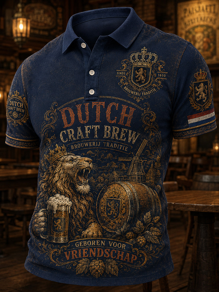 Herenpoloshirt met retro leeuwen- en bierprint en korte mouwen