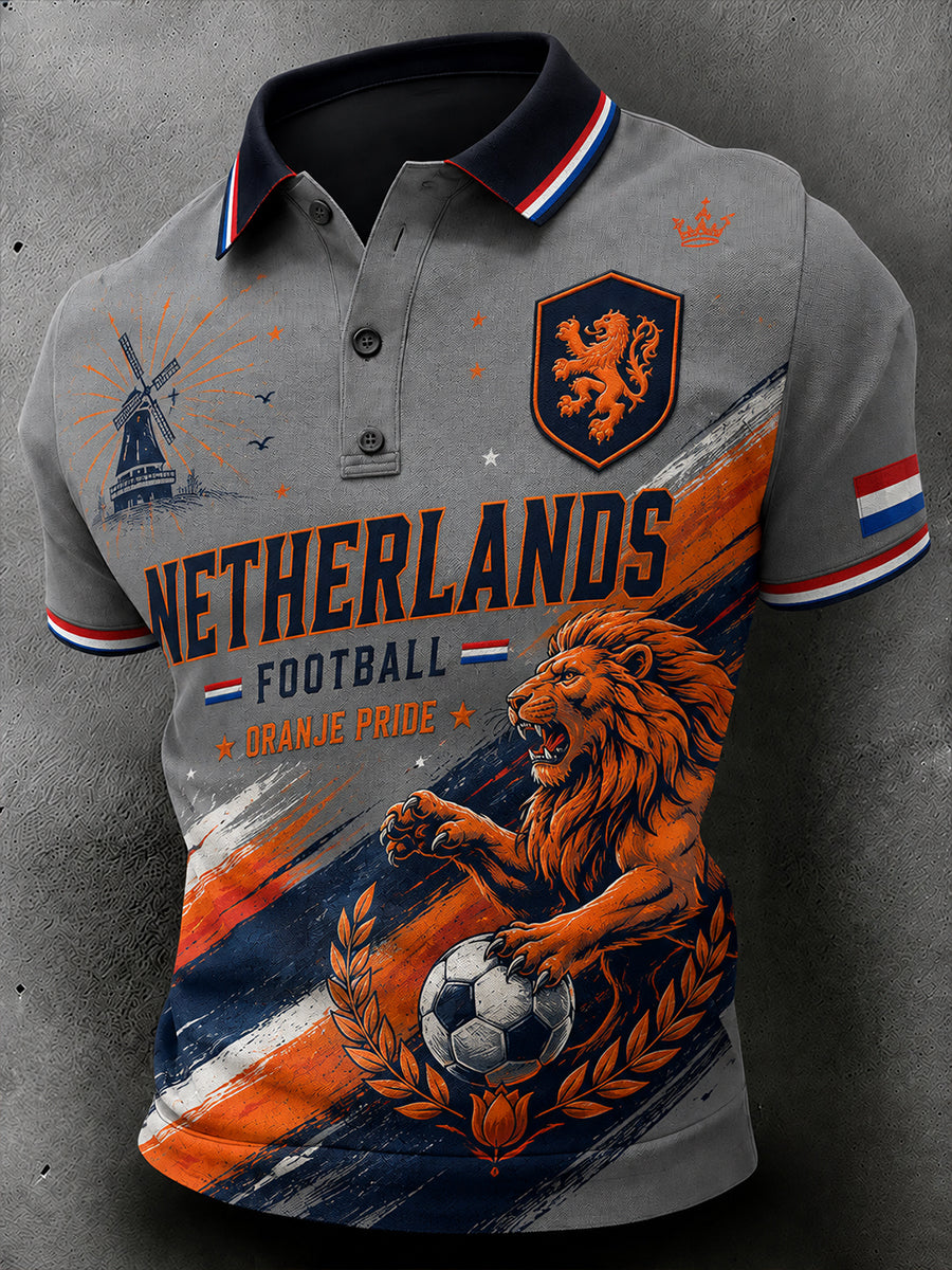 Herenpoloshirt met korte mouwen en print van een leeuw en voetbal