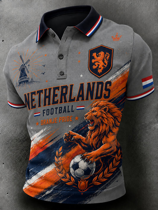Herenpoloshirt met korte mouwen en print van een leeuw en voetbal