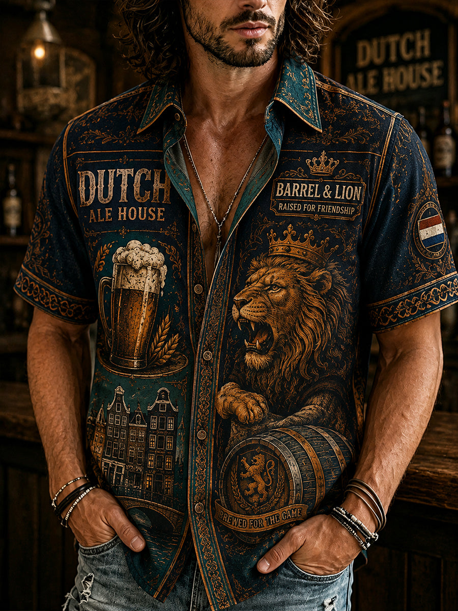 Herenoverhemd met retroprint van een leeuw en bier, korte mouwen