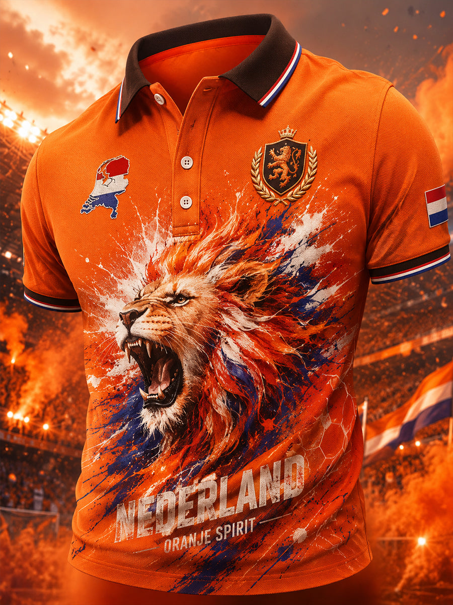 Herenpoloshirt met korte mouwen en voetbalprint van Crown Lion
