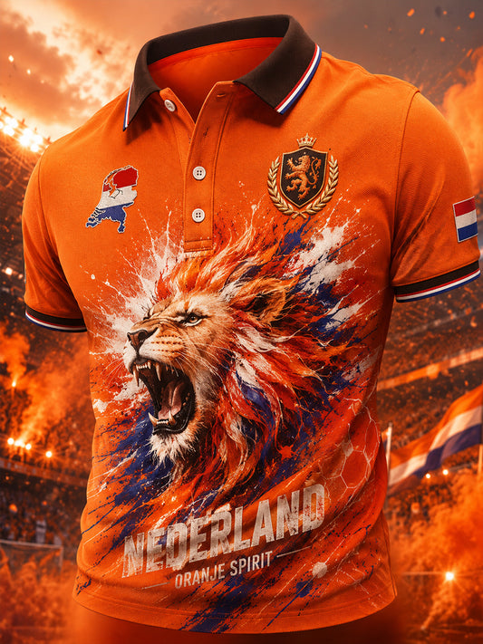 Herenpoloshirt met korte mouwen en voetbalprint van Crown Lion