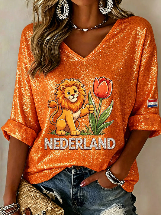 Damestop met leeuw en tulp, bloemenprint en V-hals
