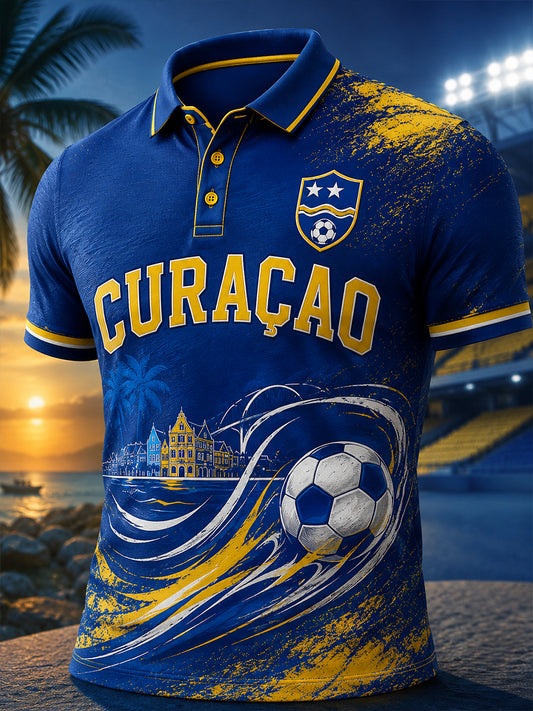 Herenpoloshirt met korte mouwen en print van eilandvoetbal
