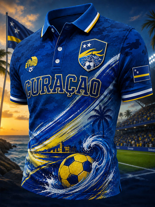 Herenpoloshirt met korte mouwen en print van eilandvoetbal