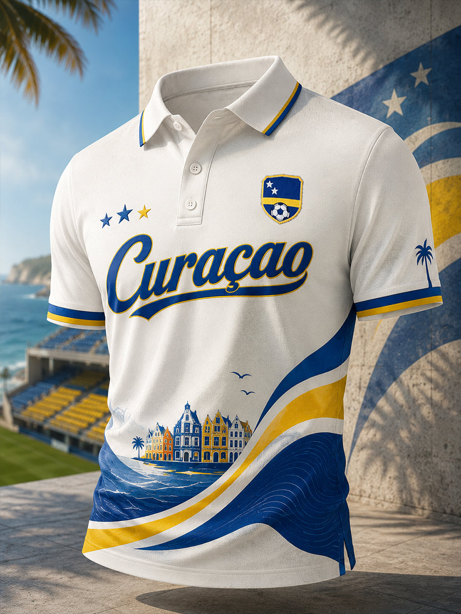 Herenpoloshirt met korte mouwen en print van eilandvoetbal