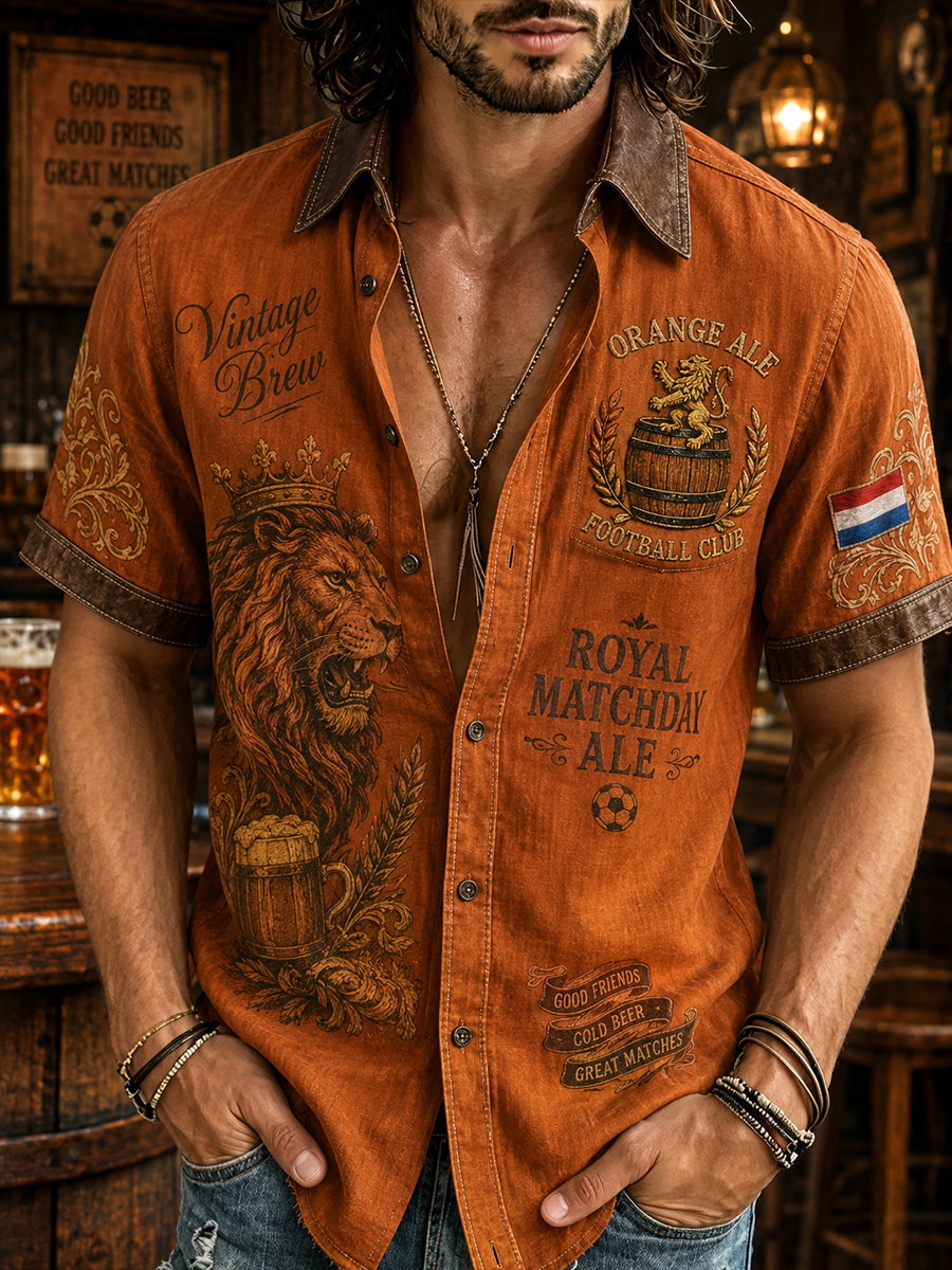 Herenoverhemd met retroprint van een leeuw en bier, korte mouwen