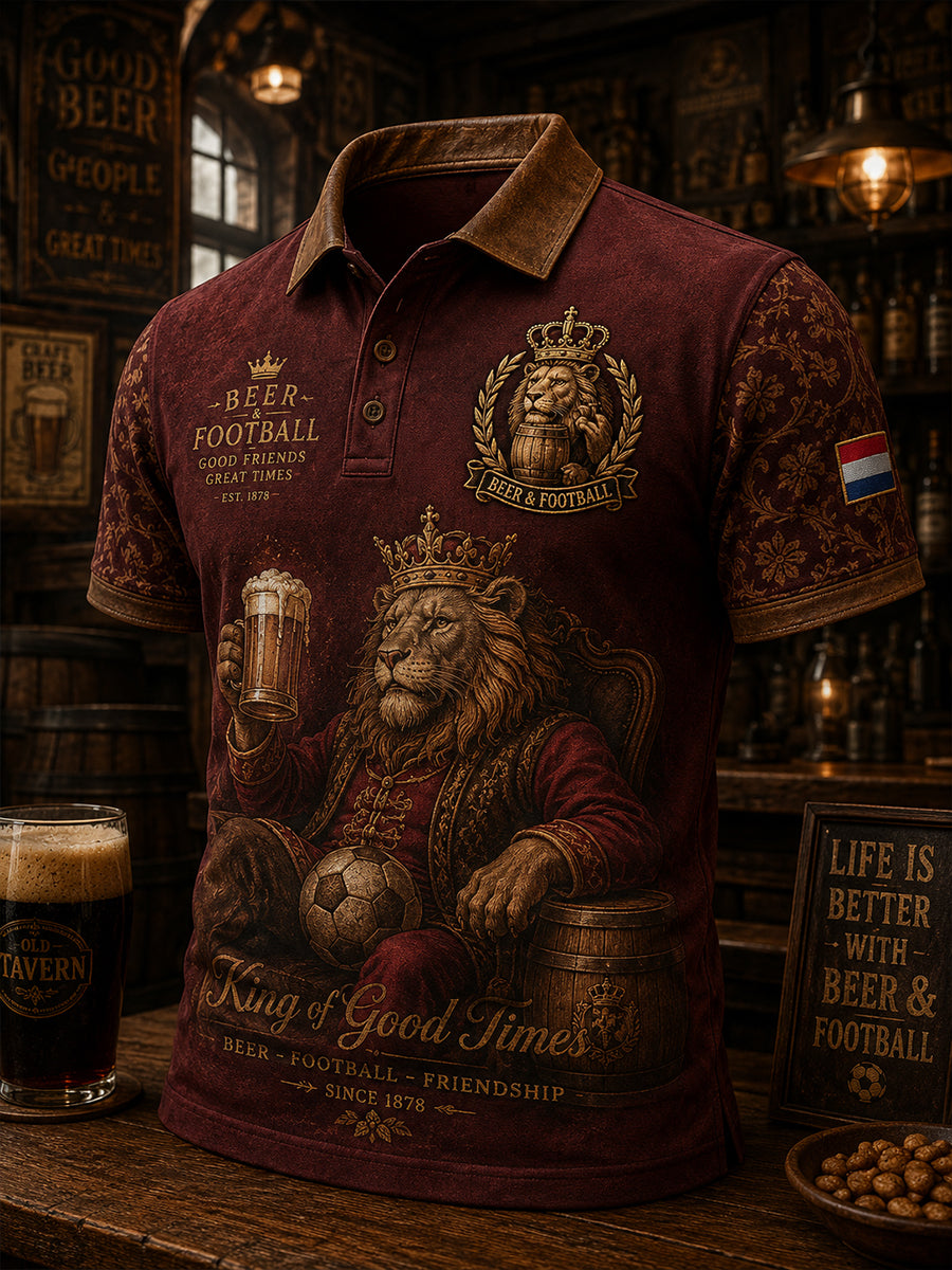Herenpoloshirt met retro leeuwen- en bierprint en korte mouwen