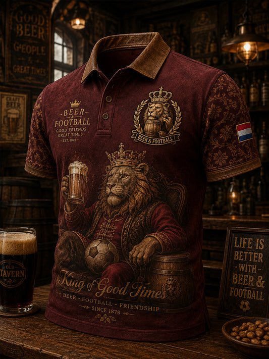 Herenpoloshirt met retro leeuwen- en bierprint en korte mouwen