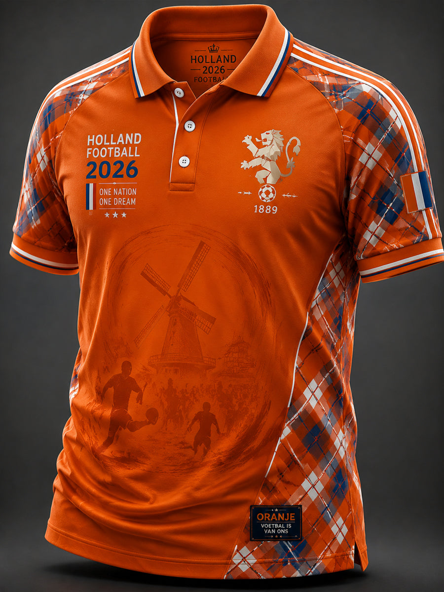 Retro Nederlands voetbal geïnspireerd geblokt patchwork casual poloshirt