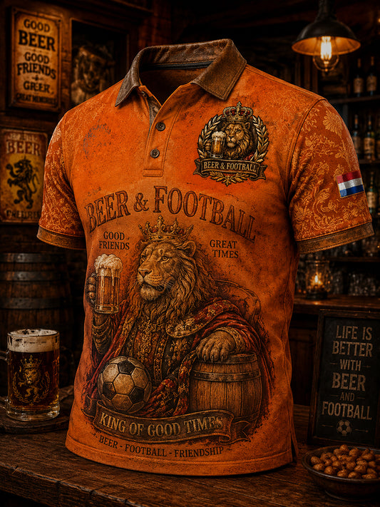 Herenpoloshirt met retro leeuwen- en bierprint en korte mouwen