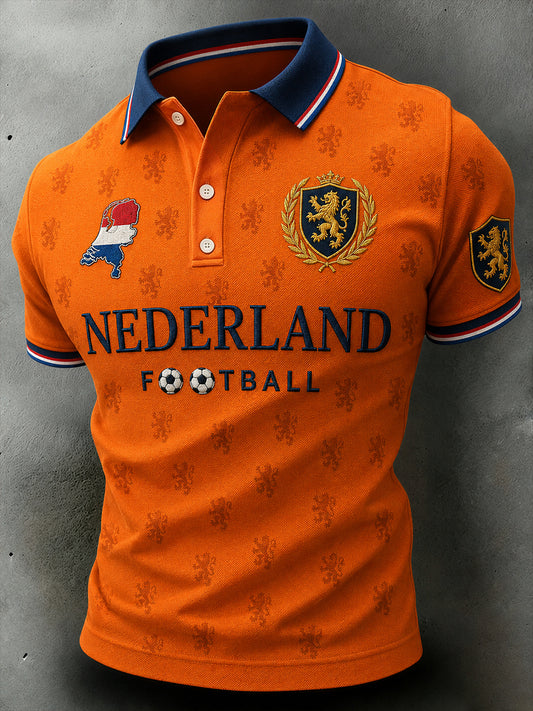 Herenpoloshirt met korte mouwen en voetballeeuwenprint