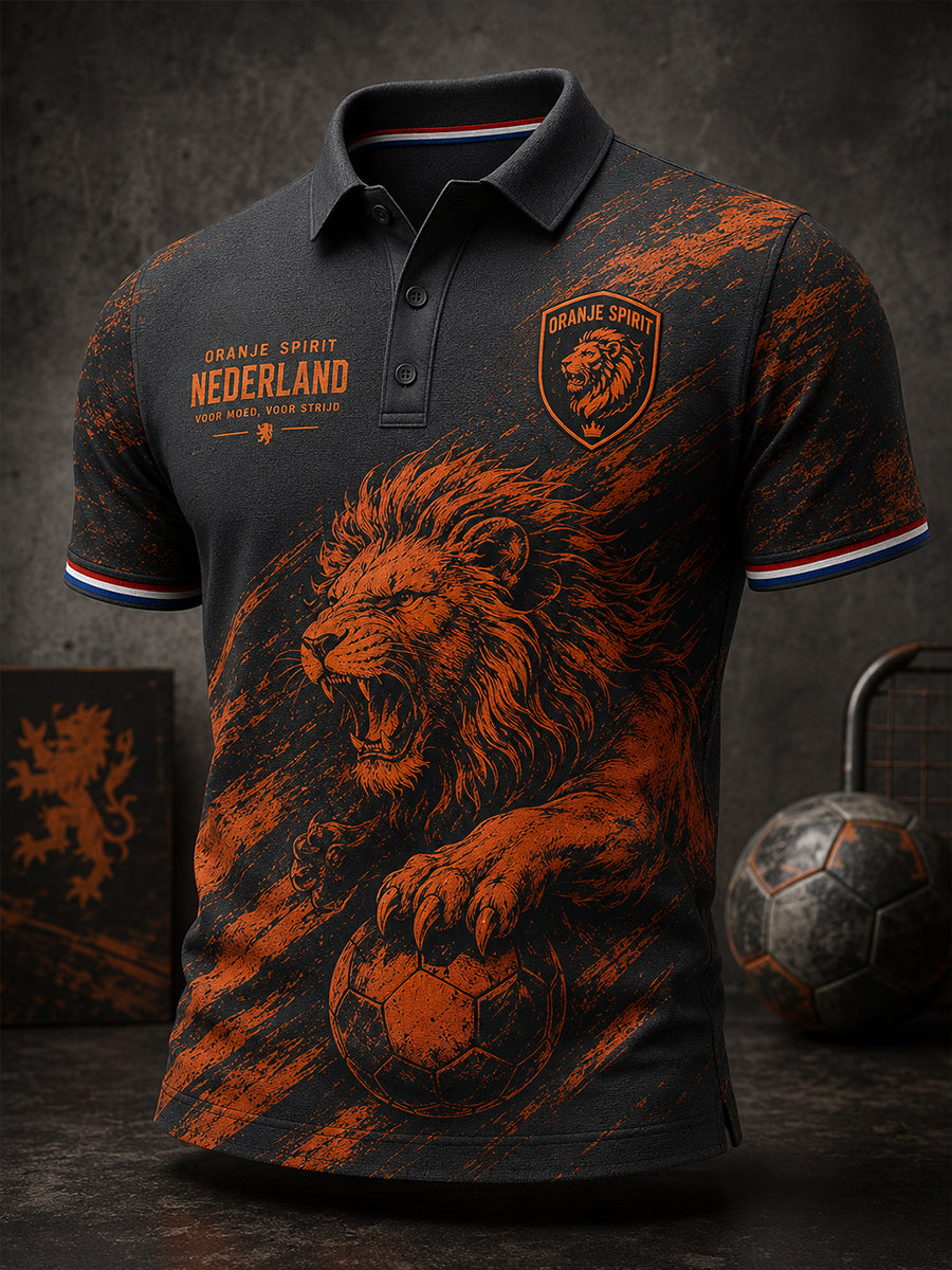 Herenpoloshirt met korte mouwen en voetballeeuwenprint