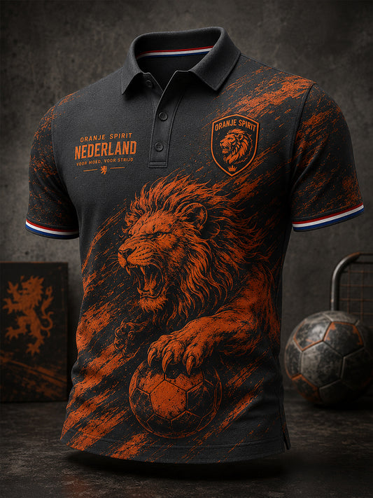 Herenpoloshirt met korte mouwen en voetballeeuwenprint