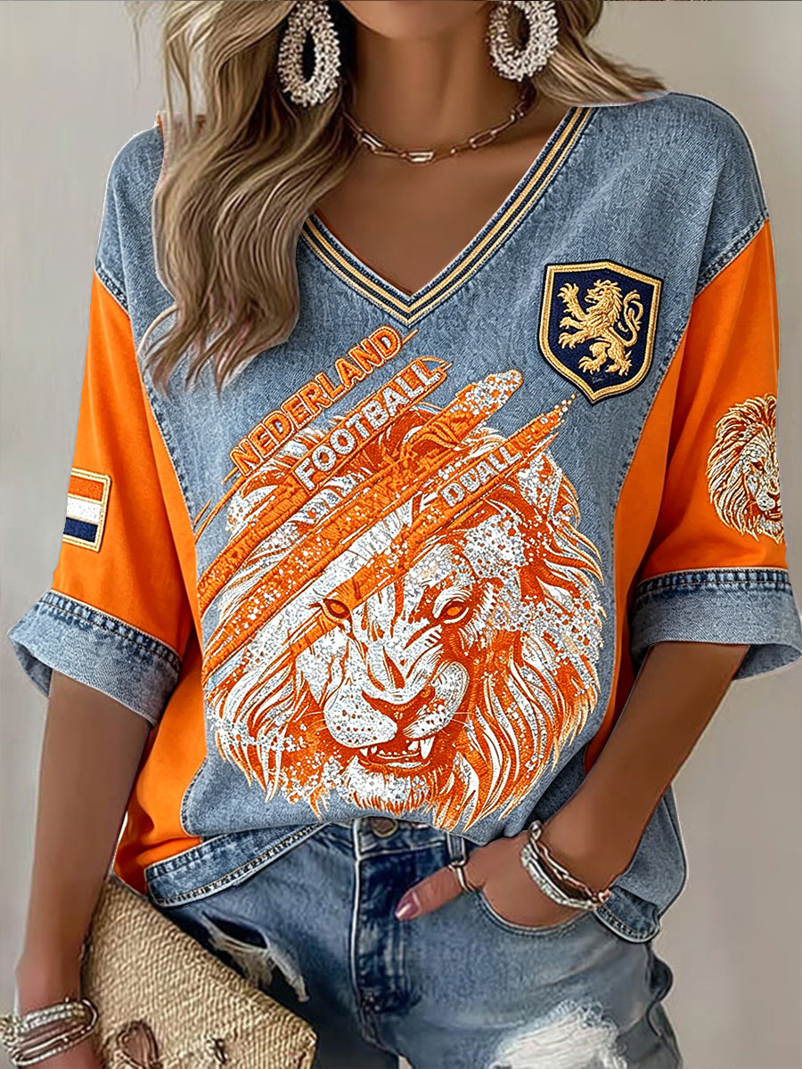 Dames Nederlandse Voetbal Leeuwen en Koeien Patchwork Print Casual V-hals T-shirt