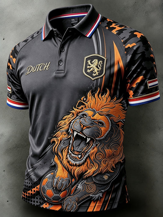 Herendiep grijs Nederlands voetbal leeuwprint casual poloshirt