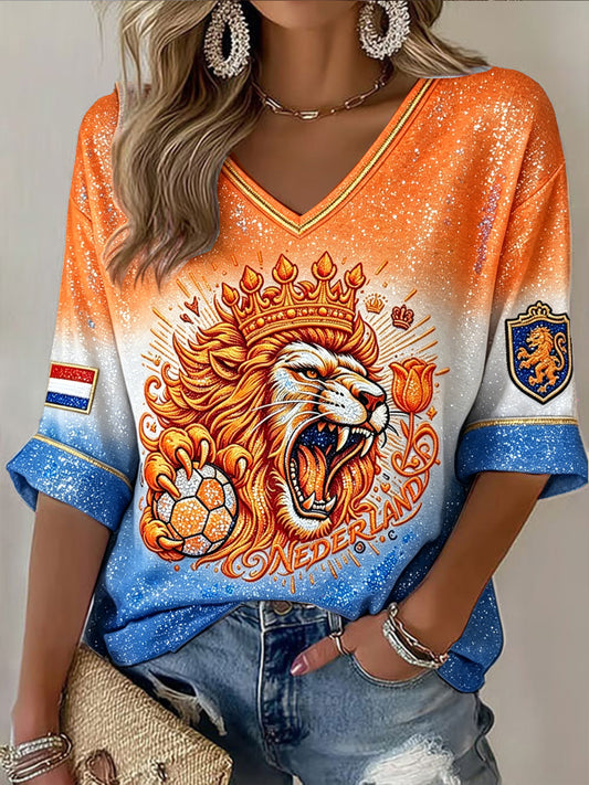 Dames Nederlandse Voetbal Leeuwen Gradiënt Print Casual V-hals T-shirt