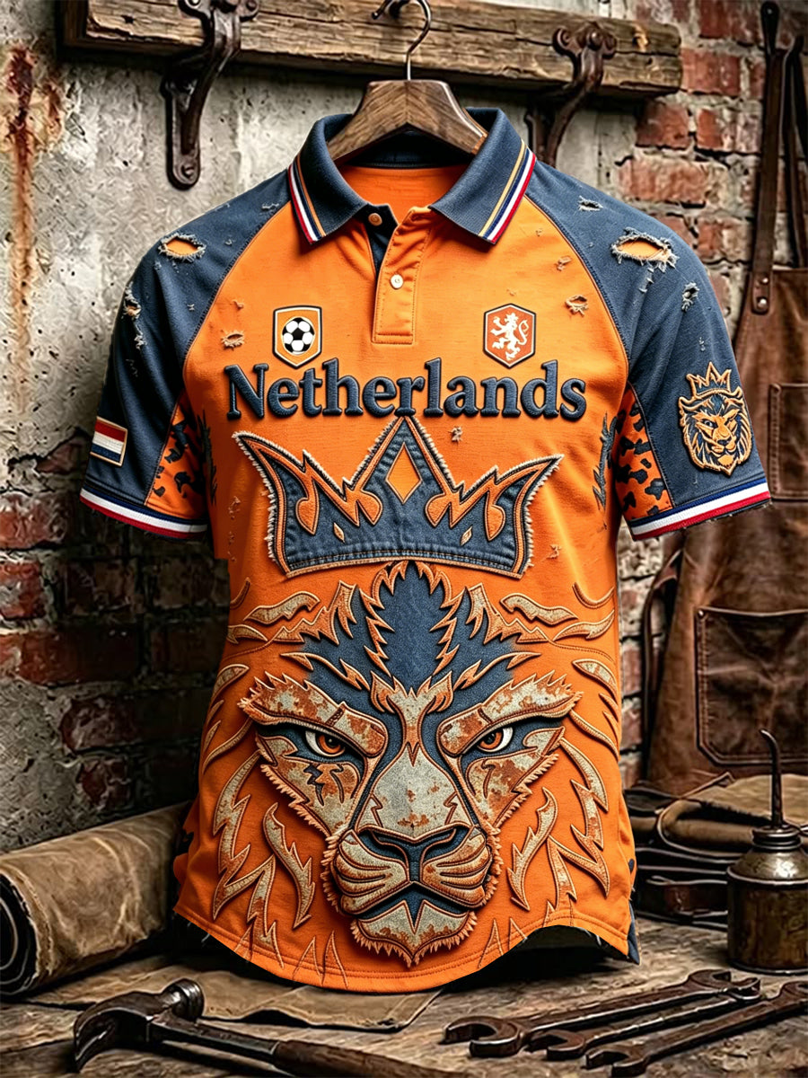 Oranje Nederlandse Voetbal Leeuw 3D Patchwork Print Casual Poloshirt