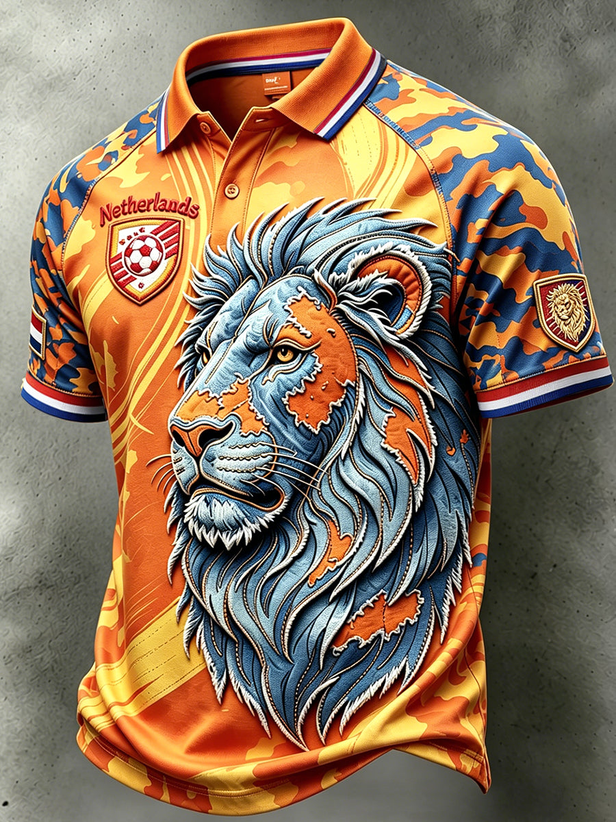 Heren Oranje Nederlandse Voetbal Leeuw Patchwork Print Casual Poloshirt
