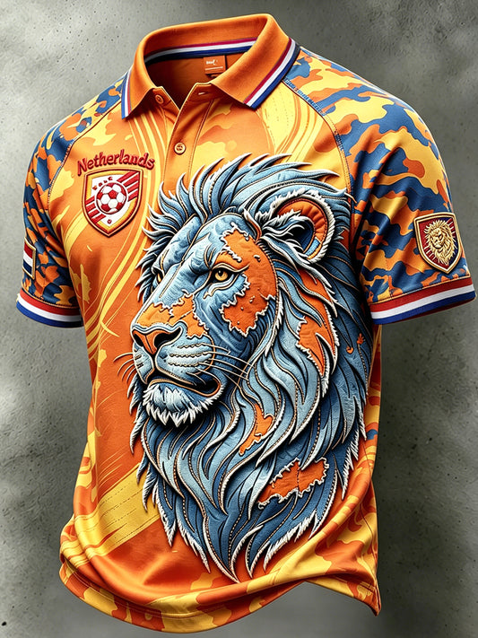 Heren Oranje Nederlandse Voetbal Leeuw Patchwork Print Casual Poloshirt