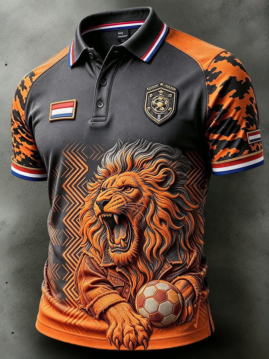 Nederlandse Voetbal Leeuwen Camouflage Patchwork Print Casual Poloshirt
