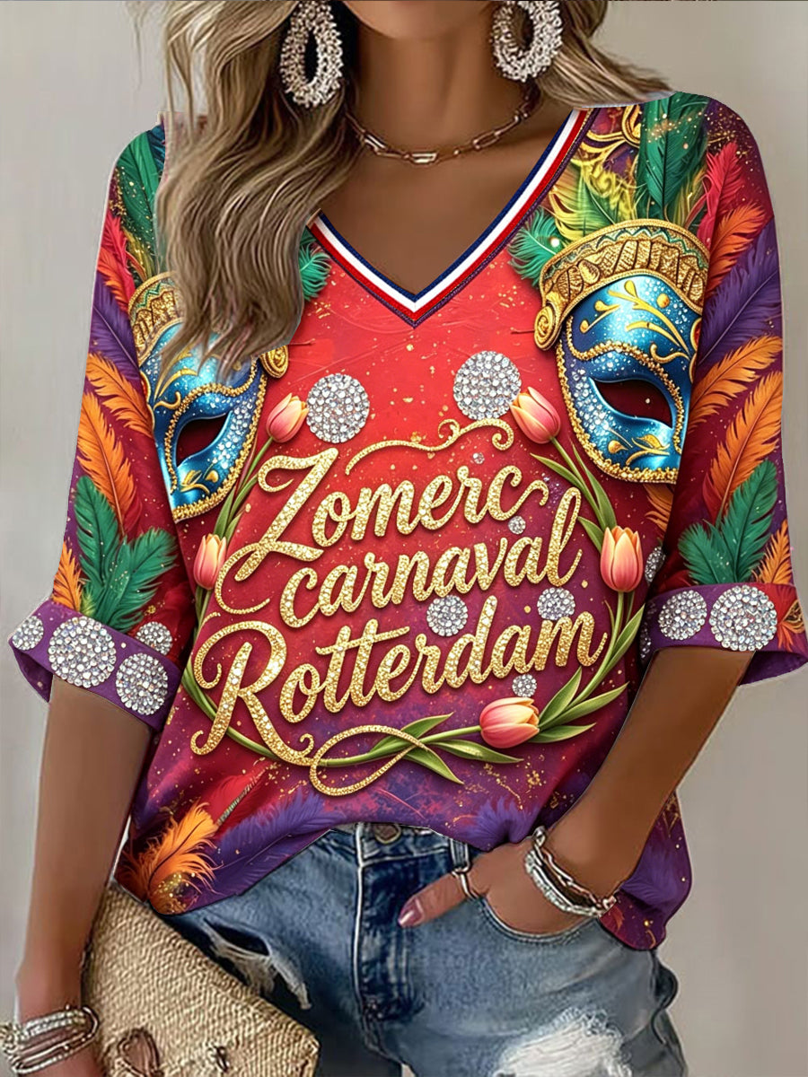 Kleurrijk Rotterdam Zomer Carnaval Print Casual V-hals T-shirt