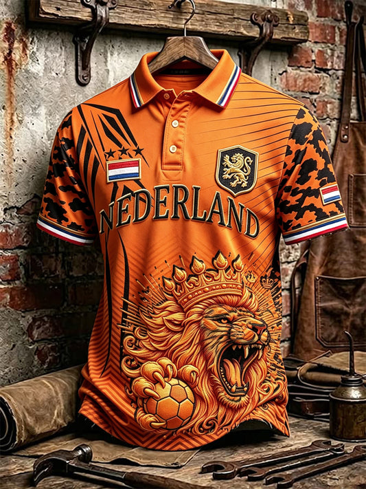 Heren Oranje Nederland Voetbal Leeuw 3D-Gedrukt Casual Poloshirt