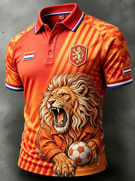 Heren Oranje Nederlandse Voetbal Leeuw Camouflage Patchwork Print Casual Poloshirt